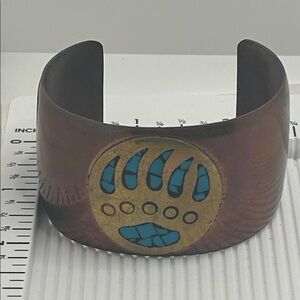 Mexico Copper Cuff Bracelet with Turquoise Inlay Bear Paw With Vintage Patina